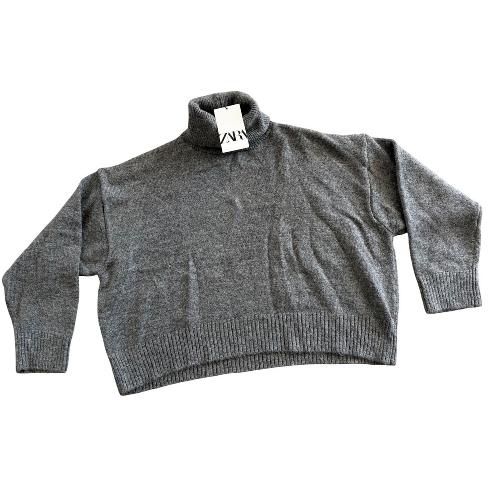 NWT Zara Women Gray‎ Oversized Cropped Turtleneck Knit Sweater Size Large